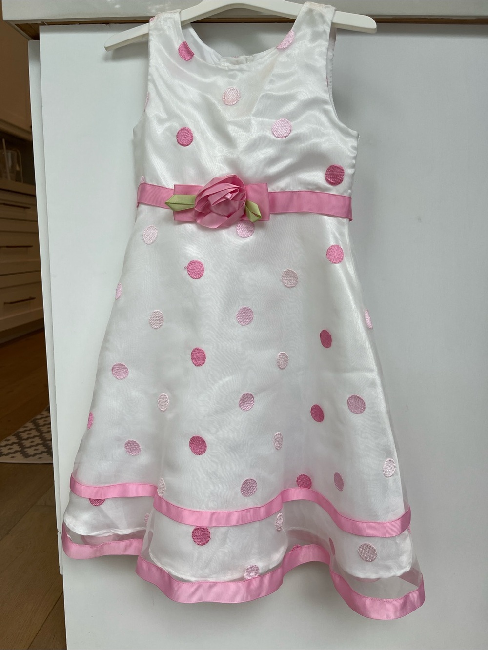 Youngland White and Pink Polka Dot Satin Party Dress with Rose Sash